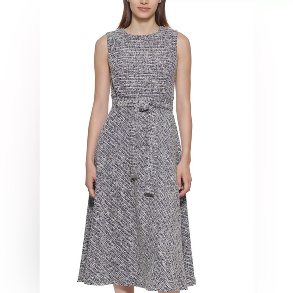 CALVIN KLEIN TWEED LOOK FIT & FLARE BELTED SLEEVELESS MIDI DRESS METALLIC Size 2 - Picture 4 of 13